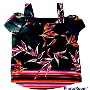 Black Tropical Print Cold Shoulder Wrinkle Free Knit Fabric Top Size Large